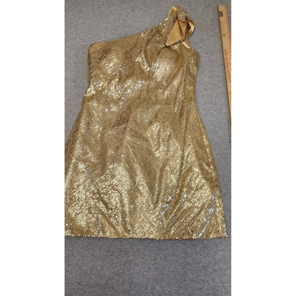 Vtg Y2k Scala Dress Womens 10 Gold Sequin One Shoulder‎ Silk Cocktail Party Mini